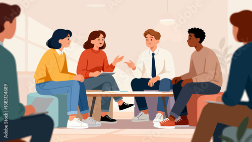 A group of people are sitting around a table, some of them wearing ties. Scene is casual and friendly, as the people are gathered together to talk and socialize