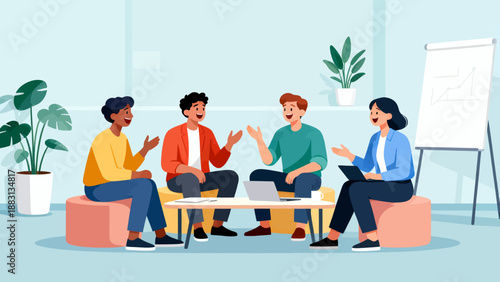 A group of people are sitting around a table, smiling and laughing. They are all wearing casual clothes and seem to be enjoying each other's company. The room is decorated with potted plants