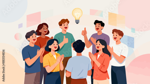 A group of people are standing around a light bulb, with some of them giving thumbs up. Concept of teamwork and collaboration, as the group is working together to come up with new ideas