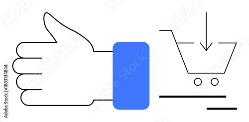 E-commerce, online shopping, customer satisfaction, sales, digital marketing, consumer approval. Thumbs-up graphic next to a shopping cart. Online shopping and customer satisfaction
