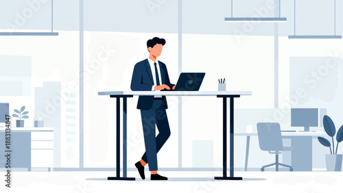 A man in a suit is standing in front of a desk with a laptop. The scene is set in an office with a window and a potted plant. The man is working on his laptop, possibly for a job