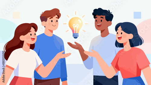 A group of people are holding a light bulb, which represents an idea. The people are smiling and seem to be happy about the idea