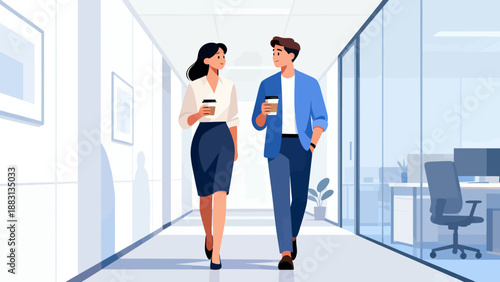 A man and a woman are walking down a hallway in a building. The man is holding a cup of coffee and the woman is holding a cup of coffee as well