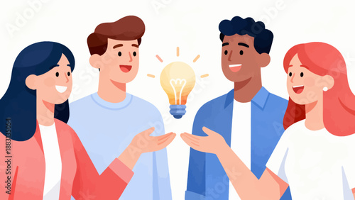 A group of people are holding a light bulb, symbolizing a bright idea. Scene is positive and collaborative