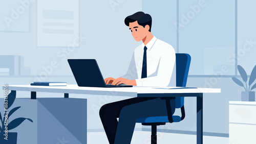 A man is sitting at a desk with a laptop in front of him. He is wearing a tie and he is working