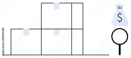 Stacked boxes and warehouse design with magnifying glass and dollar bag icon. Ideal for ecommerce, logistics management, financial planning, supply chain, shipping, analytics, online shopping