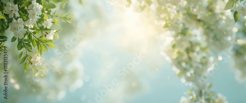 Green leaves and white flowers on an abstract background