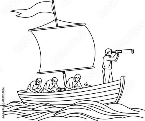 A simple line drawing of four explorers on a sailboat with a lookout using a spyglass.