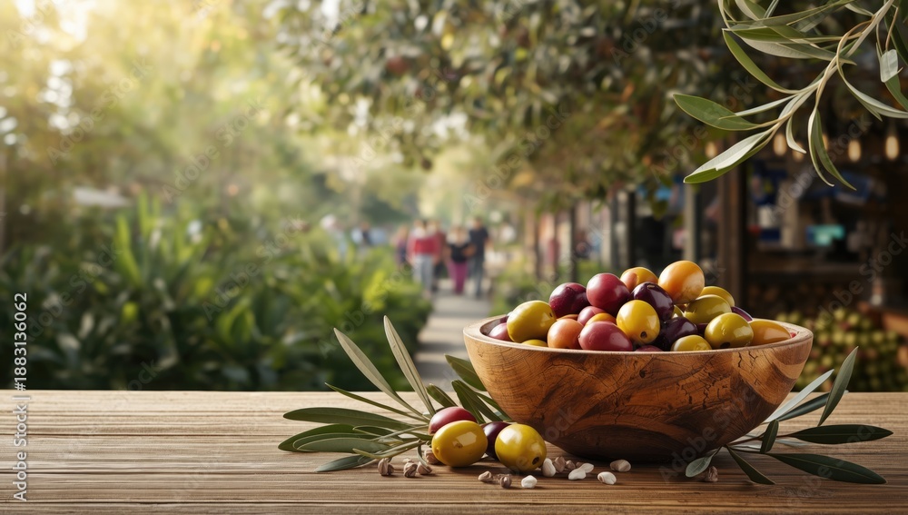 Fototapeta premium Vegetable and olive assortment at a market stall highlighting nutritious food options, featuring greenery and natural textures