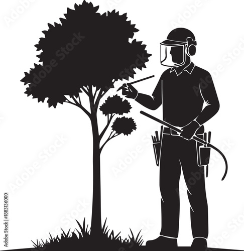 Gardener silhouette pruning tree during yard work with protective gear illustration