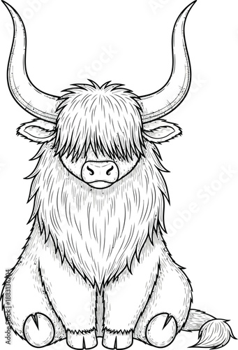 Adorable seated Highland cow cartoon with long shaggy fur and large curved horns black and white line art.