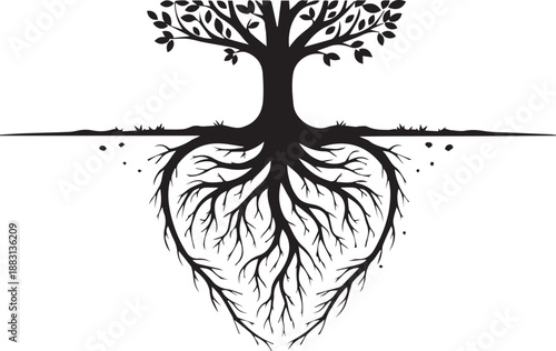Oak tree with heart shaped root system vector silhouette illustration line art conceptual
