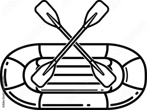 Black and white line art icon of an inflatable raft with two crossed paddles.