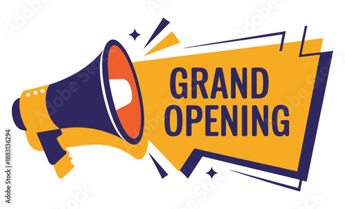 A vibrant graphic illustration announcing a grand opening with a megaphone and yellow banner on a white background