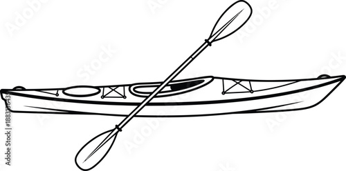Black and white line art illustration of a touring kayak with a doublebladed paddle resting on top.