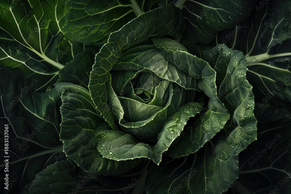 Fototapeta premium Close up of a vibrant green cabbage head, highlighting the detailed texture of its leaves and glistening water droplets, conveying freshness and healthy growth