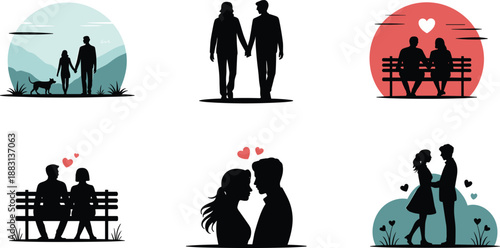 Romantic couple silhouette illustration set with walking lovers, park bench scenes, sunset backgrounds, and heart symbols for Valentine’s Day and love themes