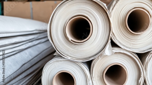 Stacks of heavy duty reinforced tarpaulin rolls for industrial storage and protection