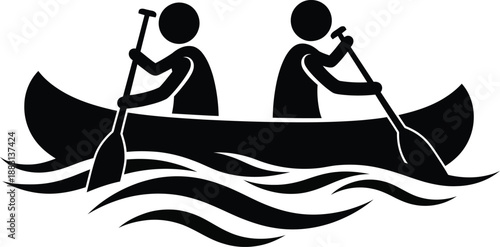 Black silhouette pictogram of two stick figures paddling a canoe together on stylized water waves.