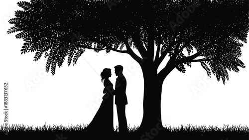 Romantic couple silhouette standing under a tree, black and white love scene for wedding, engagement, Valentine’s Day, anniversary and relationship concept illustration