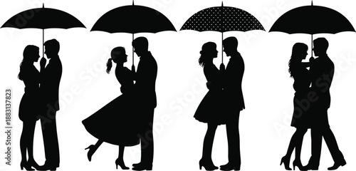 Romantic couple silhouettes under umbrellas in love, ideal for Valentine’s Day, wedding designs, anniversary cards, rainy romance themes, and romantic illustrations