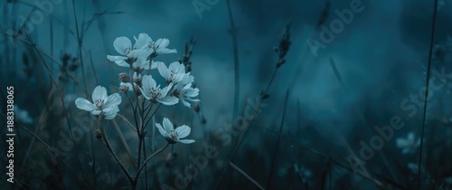 Close-up shot of white flowering rockcress with dark blue background