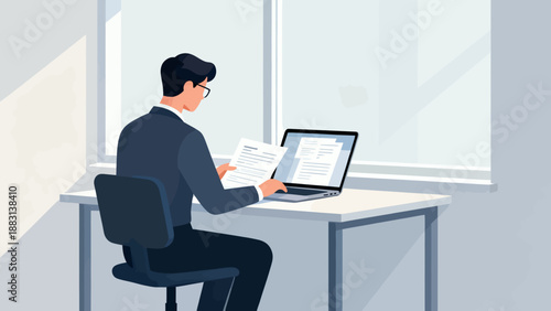 A man is sitting at a desk with a laptop and a stack of papers. He is focused on his work, possibly writing or typing on the laptop. Concept of productivity and concentration