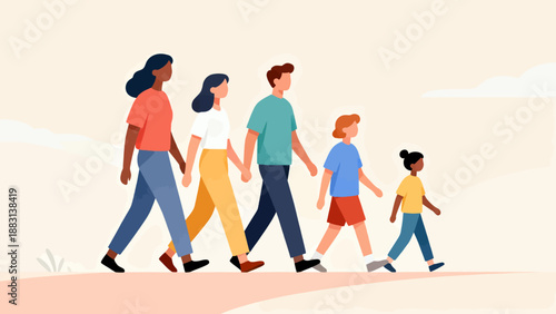 A group of people are walking together, with a young girl in the middle. The scene is peaceful and shows a sense of togetherness