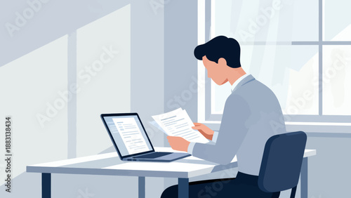 A man is sitting at a desk with a laptop and a stack of papers. He is reading through the papers and he is focused on his work. Concept of productivity and concentration