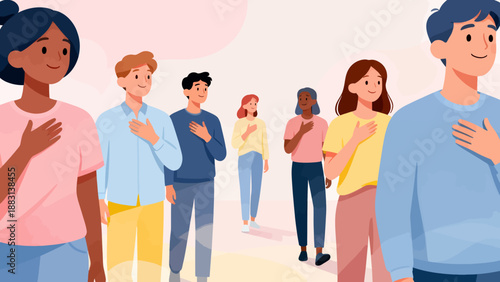 A group of people are standing in a line and giving each other a hug. Concept of unity and support among the group