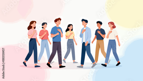 A group of people walking together. The people are smiling and seem to be enjoying each other's company