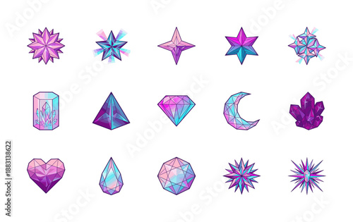 Geometric Faceted Iridescent Crystal and Celestial Shape Graphic Asset Sheet for Mystical Gaming UI