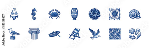 Blue Ink Woodcut Mediterranean Coastal and Ancient Greek Graphic Element Kit for Nautical Lifestyle Branding