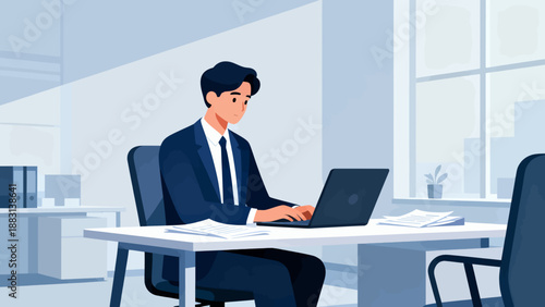 A man in a suit is sitting at a desk with a laptop. He is typing on the laptop and he is focused on his work. The scene suggests a professional environment, possibly in an office setting