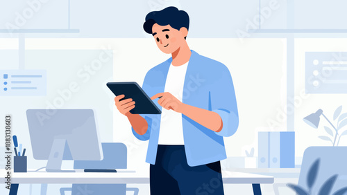 A man is sitting at a desk with a tablet in front of him. He is smiling and he is enjoying his work