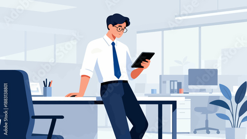 A man in a white shirt and blue tie is standing in front of a desk with a tablet in his hand