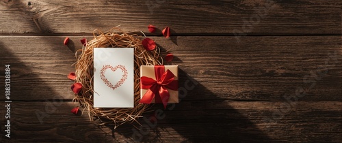 Love and Wedding Greeting Concept Featuring Valentine's Day Card and Gift Box on Wooden Background