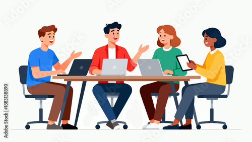 A group of people are sitting around a table with laptops and a tablet. They are working together on a project