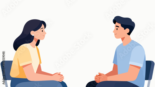 A man and a woman are sitting on chairs and talking to each other. The man is wearing a blue shirt and the woman is wearing a yellow shirt. Scene is friendly and casual