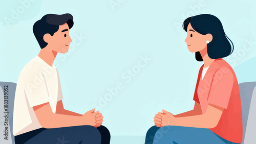 A man and a woman are sitting on a couch and talking to each other. The man is wearing a white shirt and the woman is wearing a red shirt. Scene is friendly and casual