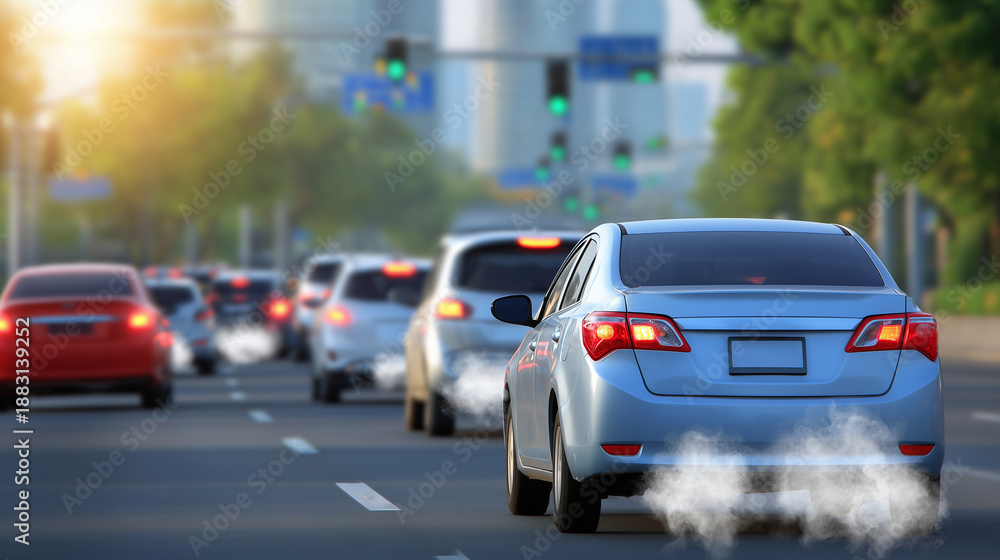 Fototapeta premium Traffic jam with vehicles emitting exhaust smoke on a congested road, close up, focus on hatchback and van emitting fumes, smoky haze blurring surrounding cars, sunlight creating g