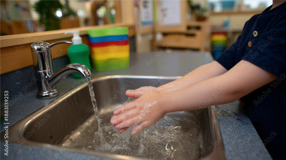 Fototapeta premium A child washing hands at a sink in a colorful classroom, promoting hygiene and cleanliness, close-up of small hands under running water, colorful soap dispenser nearby, bright clas