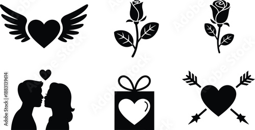 Romantic Valentine’s Day icon set with winged heart, roses, kissing couple silhouette, gift box, and love symbols for design projects