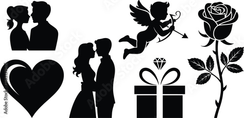 Romantic love silhouette icon set with kissing couple, cupid angel, heart, rose flower, and engagement gift for Valentine’s Day and wedding designs