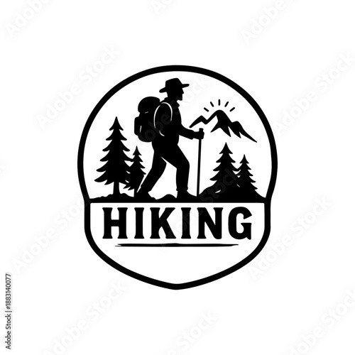 Silhouette of a hiker with a backpack and hiking poles, set against a mountain and sun backdrop, surrounded by pine trees, enclosed within a badge emblem, featuring the word HIKING