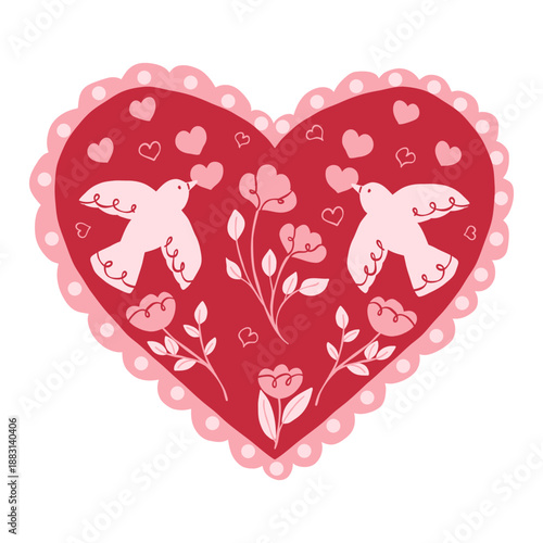 Valentine's Day crafted card. Heart frame in doodle lace style with romantic birds, hearts anf flowers. Vector hand drawn vintage illustration for postcards, invitations, ads, branding, gift