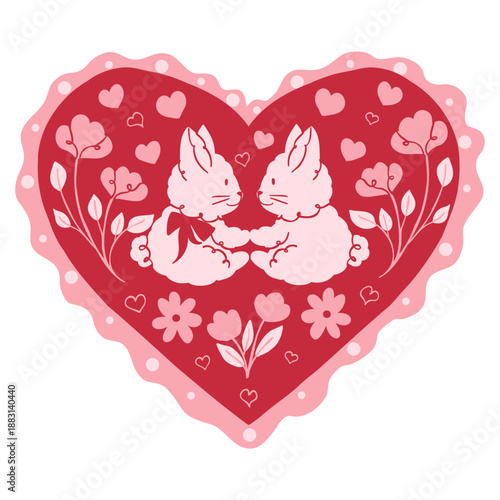 Valentine's Day crafted card. Heart frame in doodle lace style with romantic rabbits, hearts anf flowers. Vector hand drawn vintage illustration for postcards, invitations, ads, branding, gift