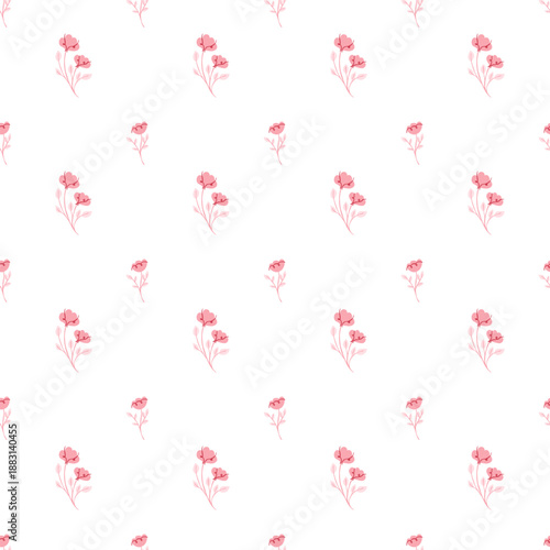 Floral seamless pattern. Simple repeating background with small minimalist pink flowers. Spring, summer design on white background. Hand drawn vector for printing on surfaces, web, wrapping, fabric