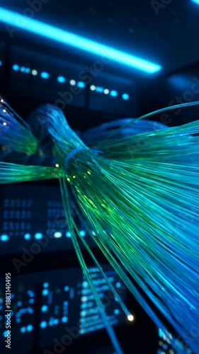 Fiber Optic Cables Transmitting Data in a Server Room, High-Speed Internet Connection and Digital Communication.