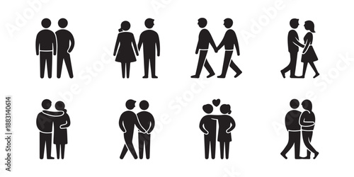 Collection of eight different relationship icons depicting couples standing hugging walking and embracing in various poses symbolizing love romance and interpersonal connection illustrations